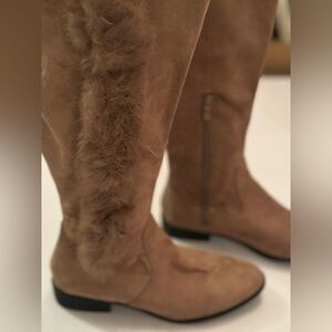 Weeboo women’s knee high boots, tan faux suede with faux fur strip accent, US 8M